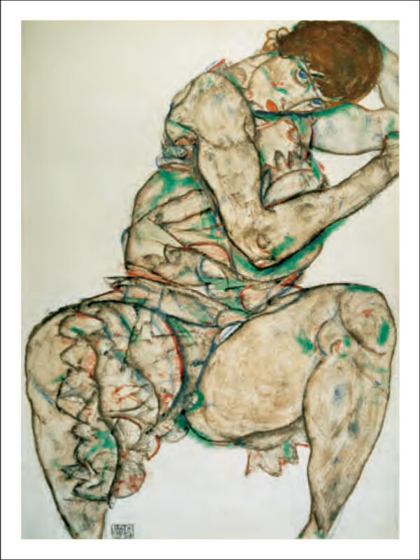 Sitzende frau mit linker hand im haar